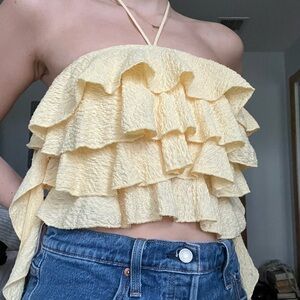 Zara Yellow Cream Ruffled Strapless Crop Top